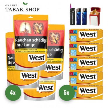 West Yellow Tabak (4 x 93g) + 1.000 West Yellow Hülsen + 2 Feuerzeuge + 1 Sturmfeuerzeug + 1 GIZEH Etui