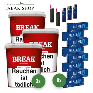 Break Original Volumentabak (3 x 195g) + 1.600 Pall Mall Blue Xtra Hülsen + 3 Feuerzeuge + 2 Sturmfeuerzeuge