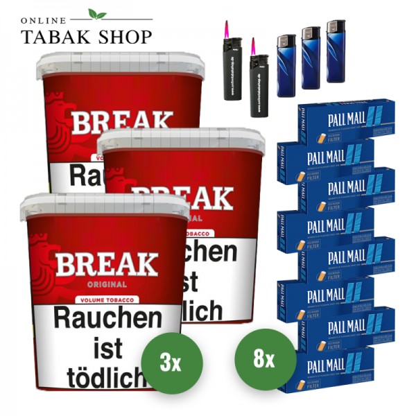 Break Original Volumentabak (3 x 195g) + 1.600 Pall Mall Blue Xtra Hülsen + 3 Feuerzeuge + 2 Sturmfeuerzeuge