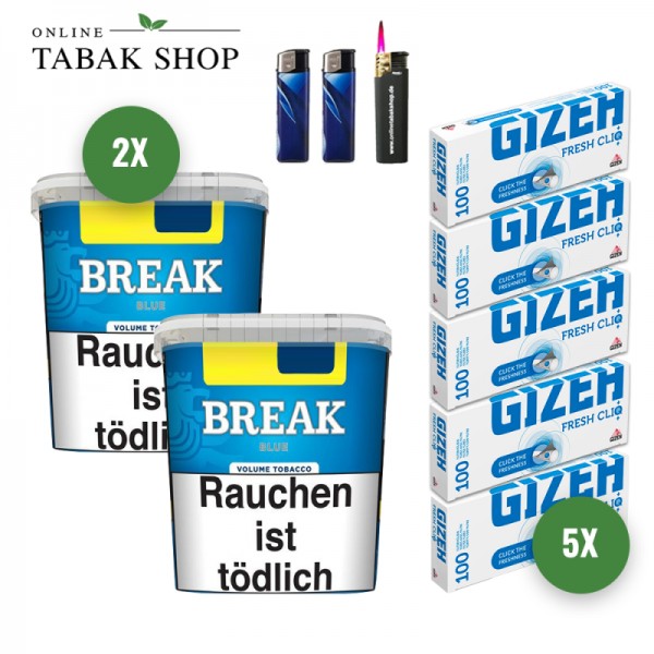 Break Blue Volumentabak (2 x 195g) + 500 Gizeh Fresh Cliq Hülsen + 2 Feuerzeuge + 1 Sturmfeuerzeug