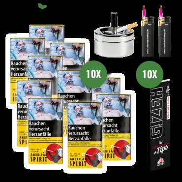 American Spirit Original Yellow (10 x 30g) + 10 Gizeh Black King Size Slim Blättchen u. Tips, 2 Sturmfeuerzeuge, 1 Drehascher
