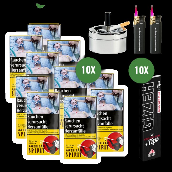 American Spirit Original Yellow (10 x 30g) + 10 Gizeh Black King Size Slim Blättchen u. Tips, 2 Sturmfeuerzeuge, 1 Drehascher