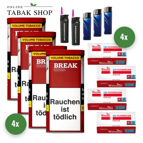BREAK Original Tabak (4 x 85g) + 1.000 WINSTON Extra Hülsen + 2 Sturmfeuerzeuge + 3 Feuerzeuge