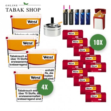 West Yellow Tabak (4 x 235g) + 2.000 West Red Hülsen + 2 Sturmfeuerzeuge + 3 Feuerzeuge + 1 GIZEH Etui + 1 Drehascher 9cm