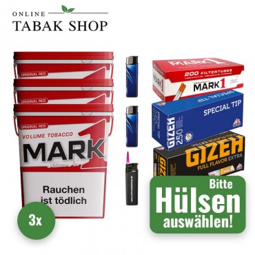 Mark 1 Tabak (3 x 320g) + 2.000 Hülsen (wählbar) + 2 Feuerzeuge + 1 Sturmfeuerzeug