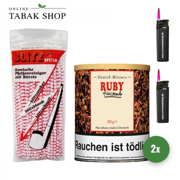 Danish Mixture Ruby Pfeifentabak (2 x 200g) + 80 BLITZ Pfeifenreiniger + 2 Sturmfeuerzeuge