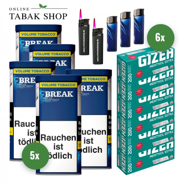 Break BlueTabak (5 x 85g) + 1.200 Gizeh Menthol Extra Hülsen + 3 Feuerzeuge + 2 Sturmfeuerzeuge