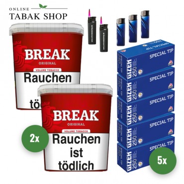 Break Original Volumentabak (2 x 195g) + 1.250 Gizeh Special Tip Hülsen + 3 Feuerzeuge + 2 Sturmfeuerzeuge