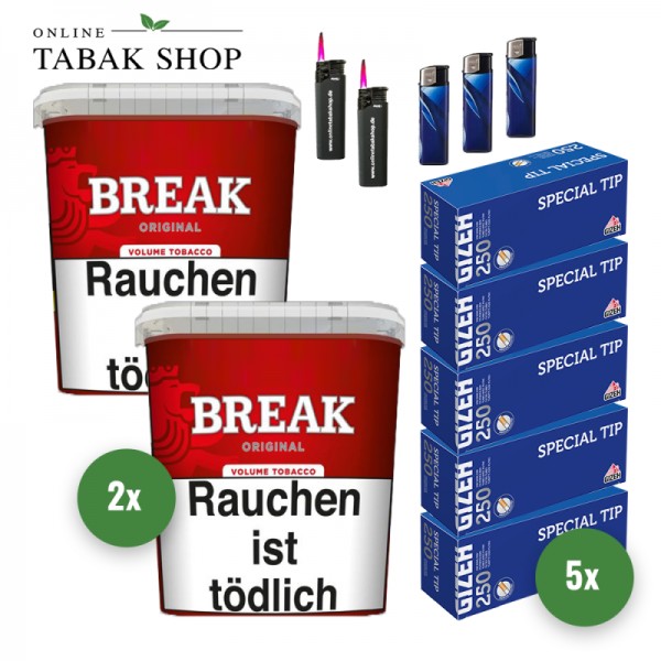 Break Original Volumentabak (2 x 195g) + 1.250 Gizeh Special Tip Hülsen + 3 Feuerzeuge + 2 Sturmfeuerzeuge