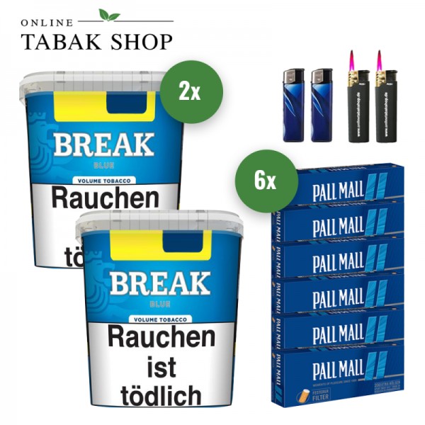 Break Blue Volumentabak (2 x 195g) + 1.200 Pall Mall Blue Xtra Hülsen + 2 Feuerzeuge + 2 Sturmfeuerzeuge