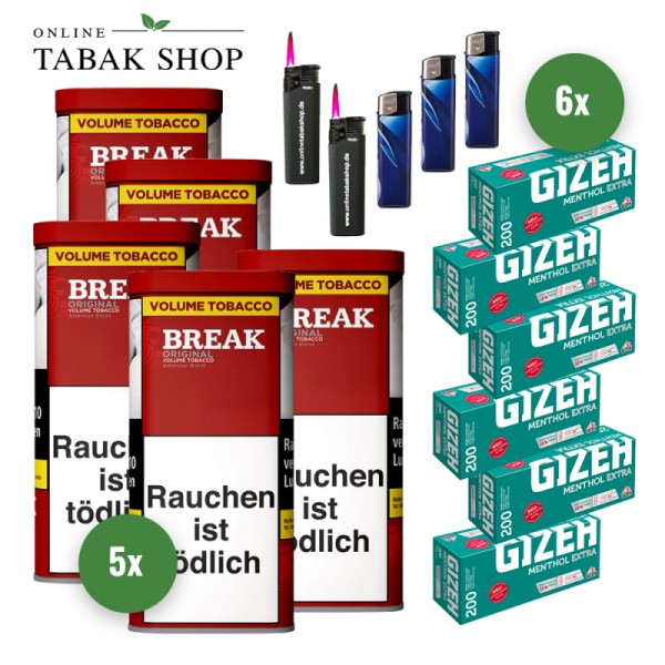 Break Original Tabak (5 x 85g) + 1.200 Gizeh Menthol Extra Hülsen + 3 Feuerzeuge + 2 Sturmfeuerzeuge
