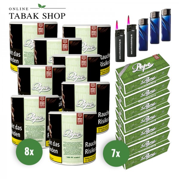 Pepe Bright Green Tabak (8x 80g), 1.400x Pepe Hülsen, 3x Feuerzeuge, 2x Sturmfeuerzeuge