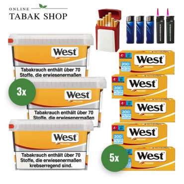 West Yellow Volumen Tabak (3 x 110g) + 1.000 West Yellow Hülsen + 3 Feuerzeuge + 2 Sturmfeuerzeuge + 1 GIZEH Etui
