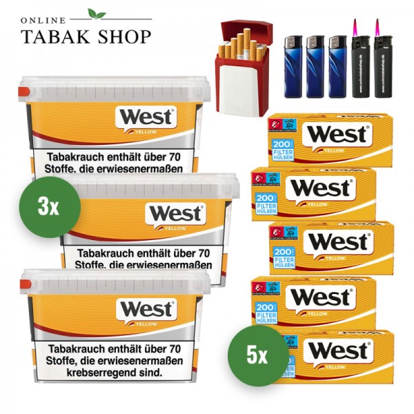 West Yellow Volumen Tabak (3 x 110g) + 1.000 West Yellow Hülsen + 3 Feuerzeuge + 2 Sturmfeuerzeuge + 1 GIZEH Etui