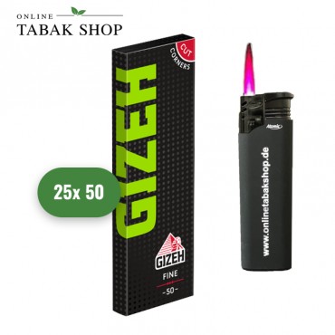 GIZEH Fine Blättchen/Zigarettenpapier 25x 50er + 1 Sturmfeuerzeug