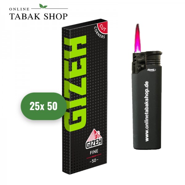 GIZEH Fine Blättchen/Zigarettenpapier 25x 50er + 1 Sturmfeuerzeug