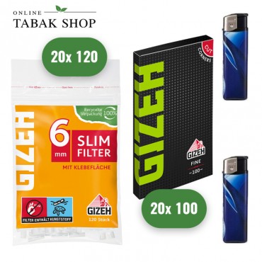 Gizeh Slim Filter 6mm (20x 120er) + 20x 100er Gizeh Fine Green Magnet Papers Blättchen + 2x Feuerzeuge