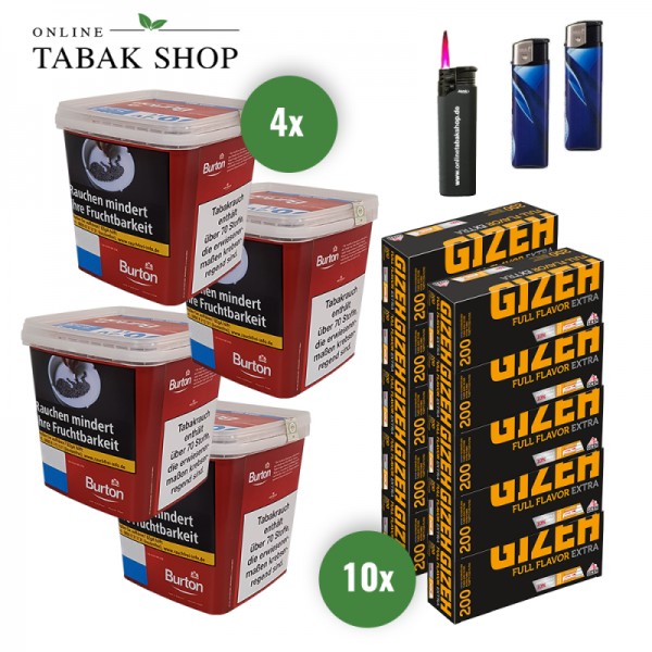 Burton Full Red (4 x 400g) + 2.000 Gizeh Full Flavor Extra Hülsen + 1 Sturmfeuerzeug + 2 Feuerzeuge