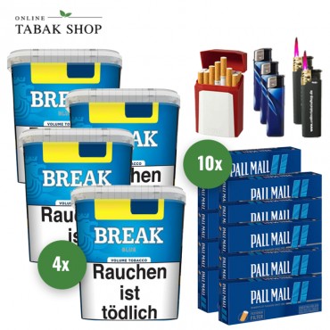 Break Blue Volumentabak (4 x 195g) + 2.000 Pall Mall Blue Xtra Hülsen + 3 Feuerzeuge + 2 Sturmfeuerzeuge + 1 Gizeh Etui