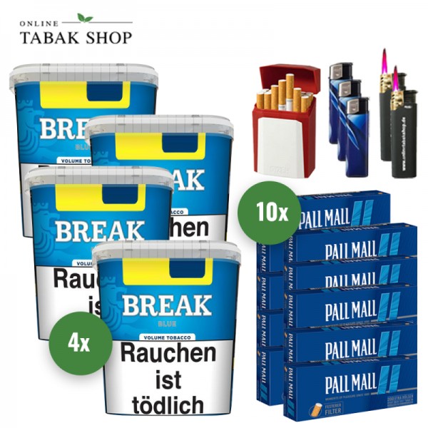 Break Blue Volumentabak (4 x 195g) + 2.000 Pall Mall Blue Xtra Hülsen + 3 Feuerzeuge + 2 Sturmfeuerzeuge + 1 Gizeh Etui
