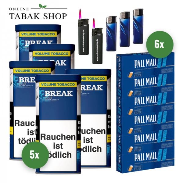 Break Blau / Blue Volumentabak (5 x 85g) + 1.200 Pall Mall Blue Xtra Hülsen + 3 Feuerzeuge + 2 Sturmfeuerzeuge