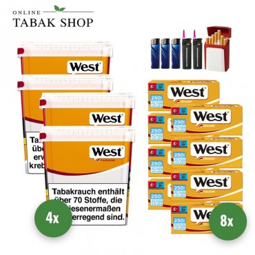 West Yellow Volumen Tabak (4 x 235g) + 2.000 West Yellow EXTRA Hülsen + 2 Sturmfeuerzeuge + 3 Feuerzeuge + 1 GIZEH Etui