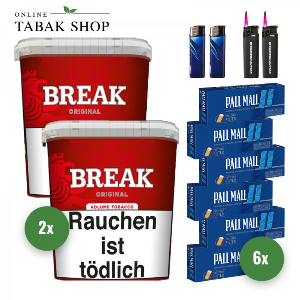 Break Original Volumentabak (2 x 195g) + 1.200 Pall Mall Blue Xtra Hülsen + 2 Feuerzeuge + 2 Sturmfeuerzeuge