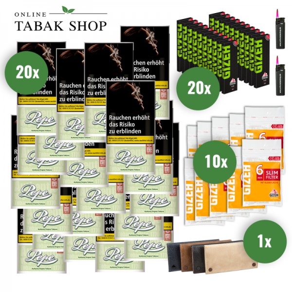 PEPE Tabak (20 x 30g) + GIZEH Fine Blättchen (20 x 50er) + GIZEH Slim Filter 6mm (10 x 120er) + 2 Sturmfeuerzeuge + Pouch Bag