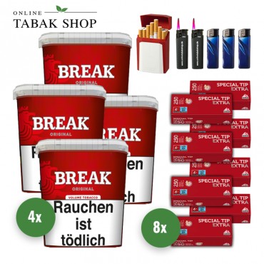 Break Original Volumentabak (4 x 195g) + 2.000 Gizeh Special Tip Extra Hülsen + 3 Feuerzeuge + 2 Sturmfeuerzeuge + Gizeh Etui