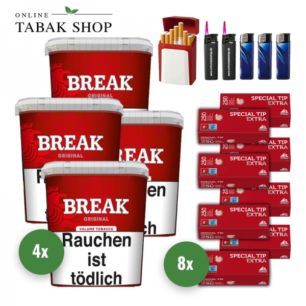 Break Original Volumentabak (4 x 195g) + 2.000 Gizeh Special Tip Extra Hülsen + 3 Feuerzeuge + 2 Sturmfeuerzeuge + Gizeh Etui