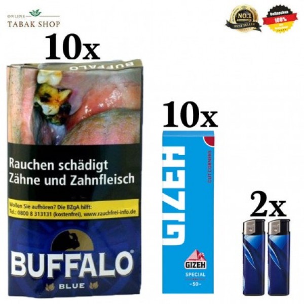 Buffalo Tabak Blue (10 x 40g) + Gizeh Special Blau Blättchen (10 x 50er) + 2 Feuerzeuge