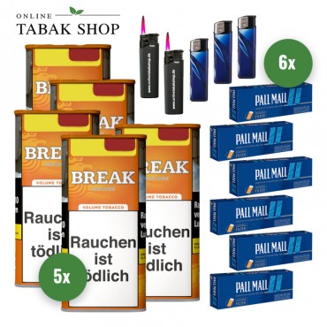 BREAK Orange Tabak (5 x 85g) + 1.200 PALL MALL Blue Hülsen + 3 Feuerzeuge + 2 Sturmfeuerzeuge