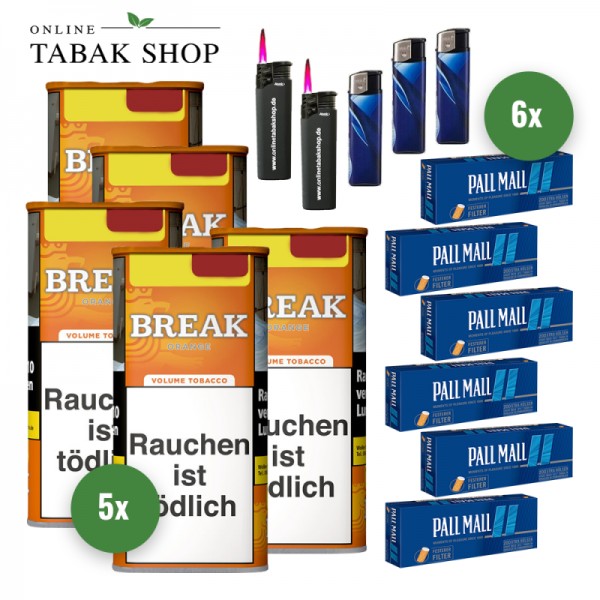 BREAK Orange Tabak (5 x 85g) + 1.200 PALL MALL Blue Hülsen + 3 Feuerzeuge + 2 Sturmfeuerzeuge