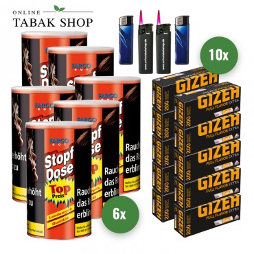 Fargo Stopf-Dose Rot (6 x 122g) + 2.000 Gizeh Full Flavor Extra Hülsen + 2 Feuerzeuge + 2 Sturmfeuerzeuge