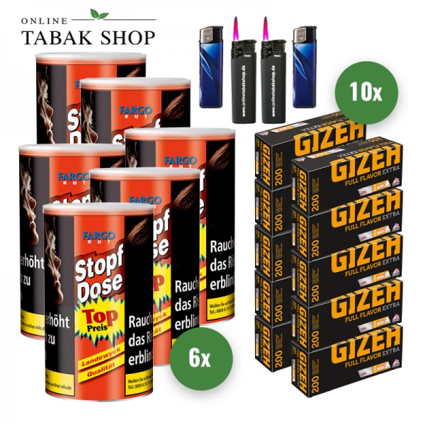 Fargo Stopf-Dose Rot (6 x 122g) + 2.000 Gizeh Full Flavor Extra Hülsen + 2 Feuerzeuge + 2 Sturmfeuerzeuge