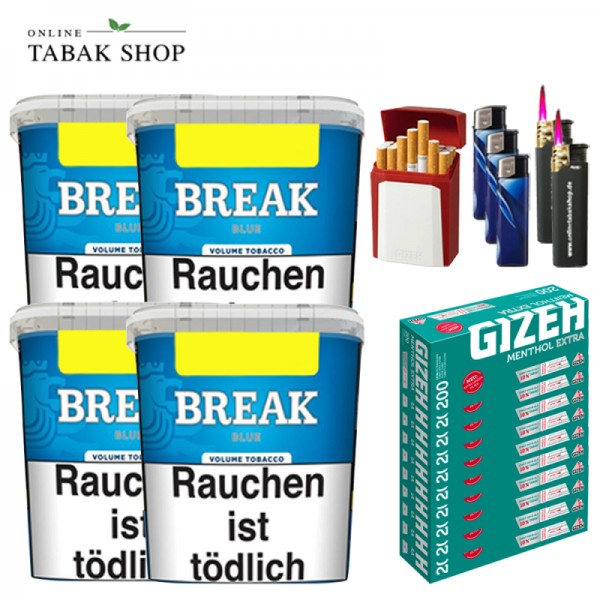 Break Blau Tabak (4 x 195g) + 2.000 Gizeh Menthol Extra Hülsen + 3 Feuerzeuge + 2 Sturmfeuerzeuge + 1 Gizeh Etui