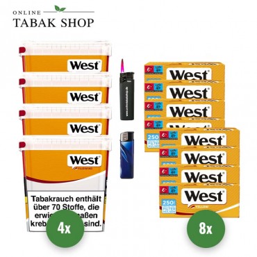 West Yellow Volumen Tabak (4 x 235g) + 2000 West Yellow EXTRA Hülsen + 1 Sturmfeuerzeug + 1 Feuerzeug
