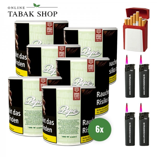 Pepe Bright Green Feinschnitt Tabak (6x 80g) + 4 Sturmfeuerzeuge + 1 Gizeh Etui