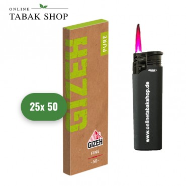 GIZEH Pure Fine Zigarettenpapier/Blättchen 25x50er + 1 Sturmfeuerzeug