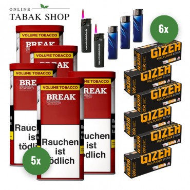 Break Original Tabak (5 x 85g) + 1.200 Gizeh Full Flavor Extra Hülsen + 3 Feuerzeuge + 2 Sturmfeuerzeuge