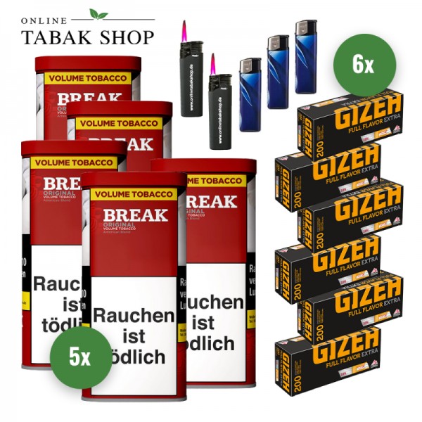 Break Original Tabak (5 x 85g) + 1.200 Gizeh Full Flavor Extra Hülsen + 3 Feuerzeuge + 2 Sturmfeuerzeuge