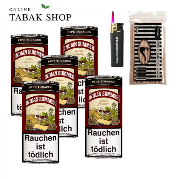Indian Summer Pfeifentabak Beutel (5 x 50g) + 1 Sturmfeuerzeug + 1 Beutel Pfeifenreiniger