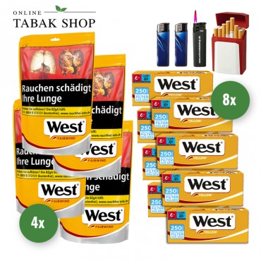 West Yellow Tabak (4 x 93g) + 1.000 West Yellow EXTRA Hülsen + 2 Feuerzeuge + 1 Sturmfeuerzeug + 1 GIZEH Etui
