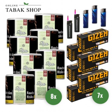 Pepe Bright Green Tabak (8x 80g), 1.400x Gizeh Flavor Extra Hülsen , 3 Feuerzeuge , 2 Sturmfeuerzeuge