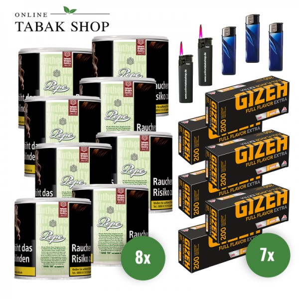 Pepe Bright Green Tabak (8x 80g), 1.400x Gizeh Flavor Extra Hülsen , 3 Feuerzeuge , 2 Sturmfeuerzeuge