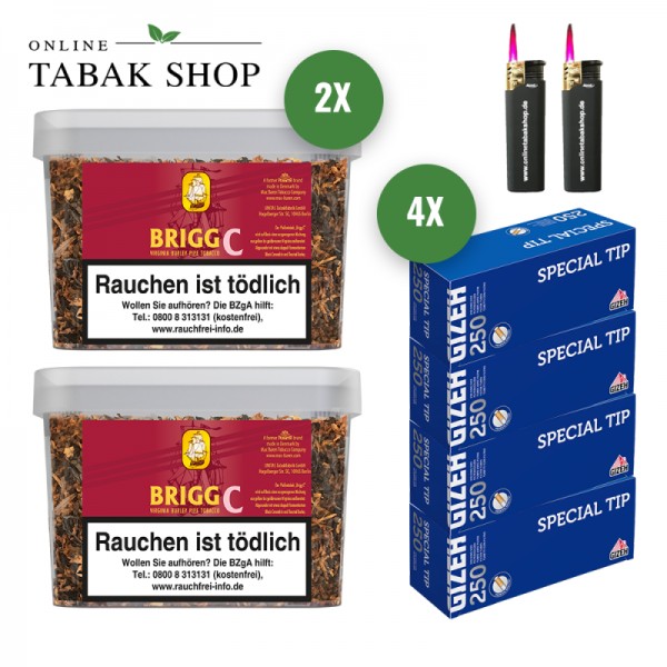 Brigg C Pfeifentabak (2 x 350g) + 1.000 Gizeh Special Tip Hülsen + 2 Sturmfeuerzeuge