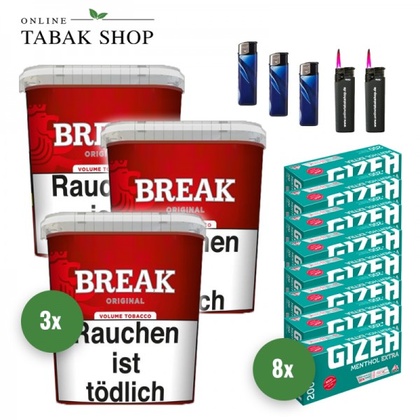 Break Original Volumentabak (3 x 195g) + 1.600 Gizeh Menthol Extra Hülsen + 3 Feuerzeuge + 2 Sturmfeuerzeuge