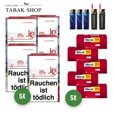 JPS Red Volumentabak (5 x 60g) + 1.000 West Red Hülsen + 3 Feuerzeuge + 2 Sturmfeuerzeuge