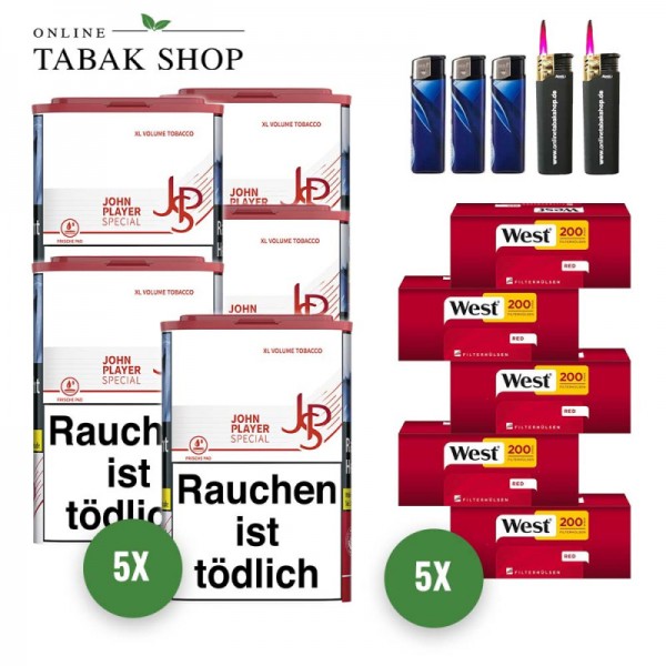 JPS Red Volumentabak (5 x 60g) + 1.000 West Red Hülsen + 3 Feuerzeuge + 2 Sturmfeuerzeuge