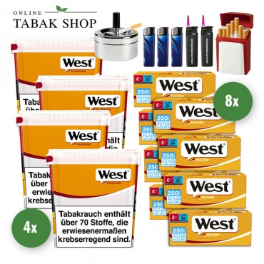 West Yellow Tabak (4 x 235g) + 2.000 West Yellow Extra Hülsen + 2 Sturmfeuerzeuge + 3 Feuerzeuge + 1 Gizeh Etui + 1 Drehascher